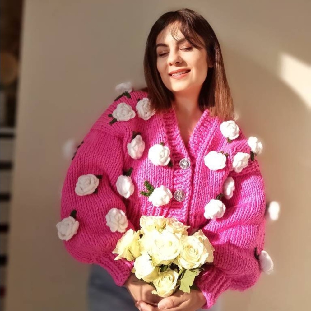Pink Floral 3D Flowers Chunky Cardigan Sweater cottagecore statement whimsy
